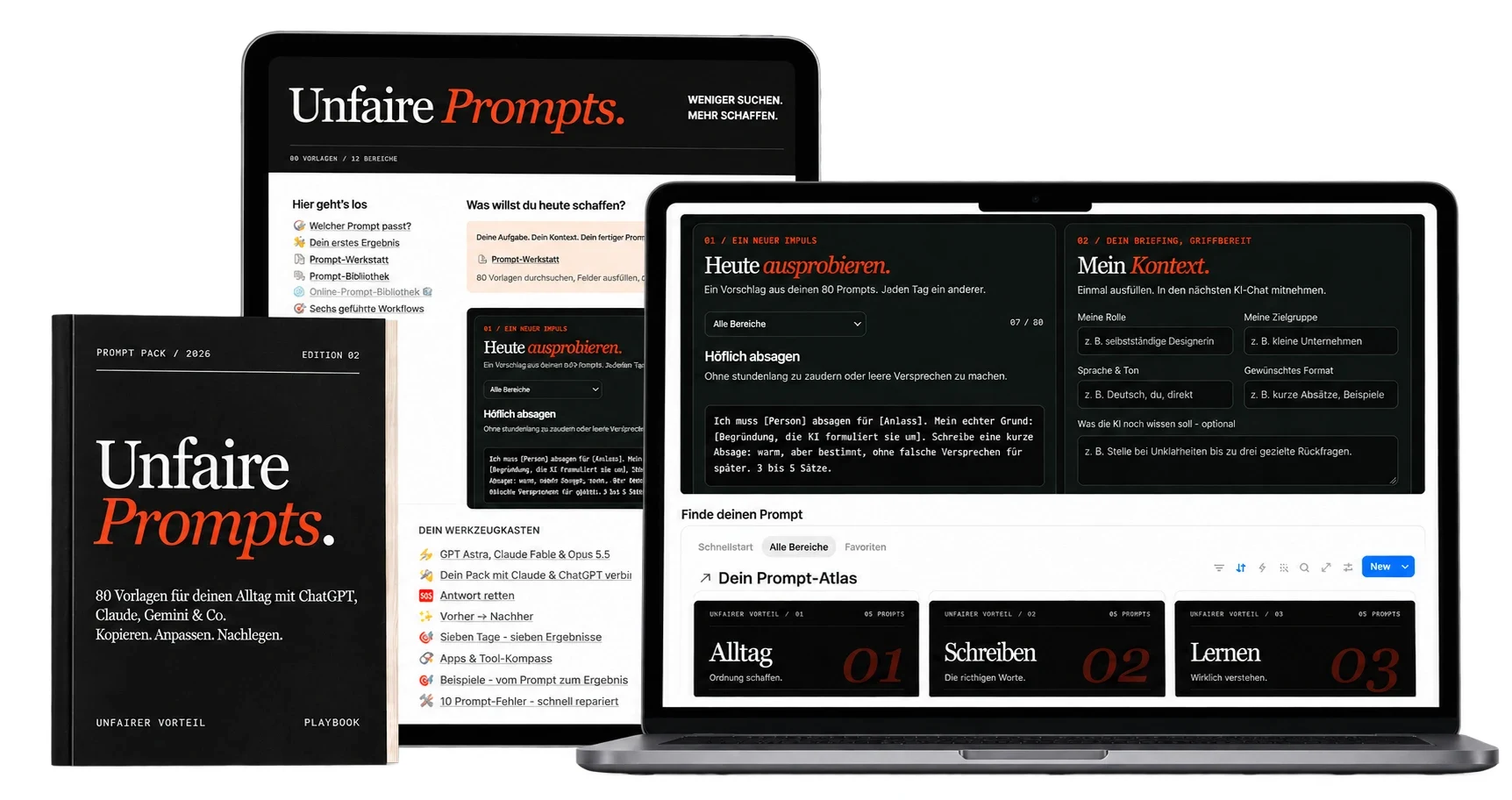 UNFAIRE PROMPTS — Booklet, Tablet und Notion-Workspace