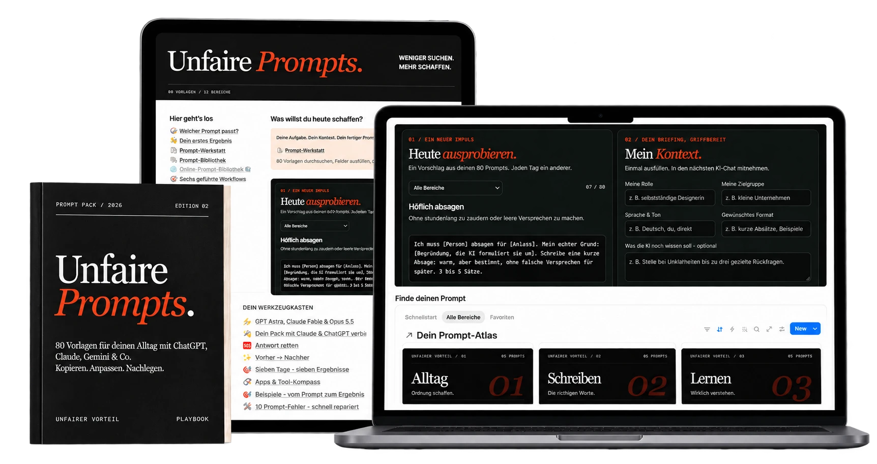 UNFAIRE PROMPTS — Booklet, Tablet und Notion-Workspace